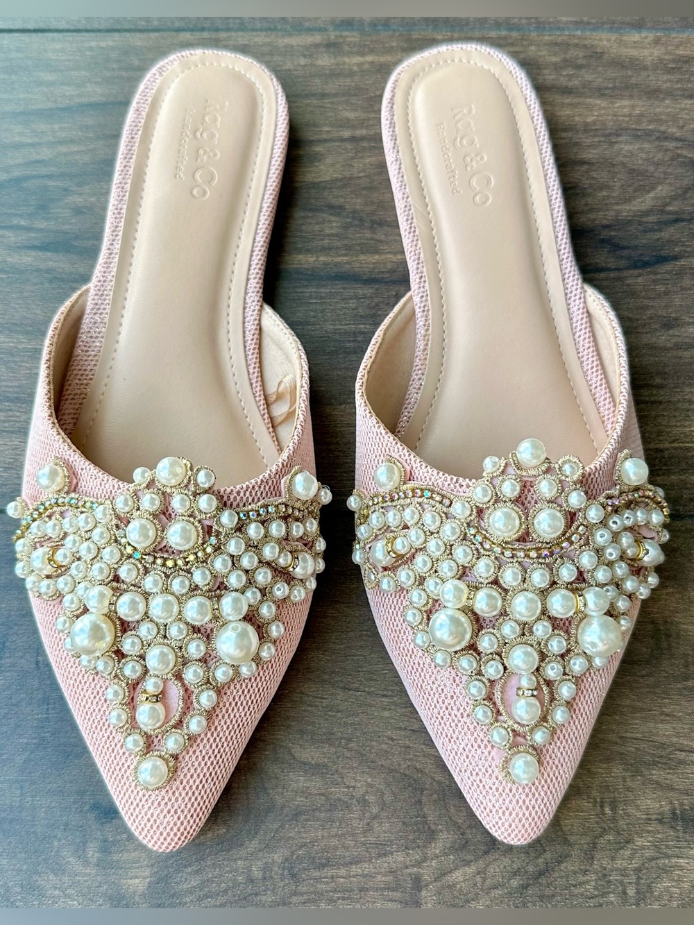 Rag & Co Astre Pearl Embellished Mules - Women Size 8 - Blush Pink Flat Shoes